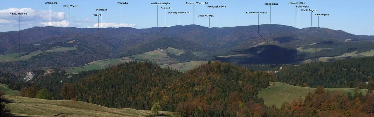 Pasmo Radziejowej w Beskidzie Sdeckim. Widok spod Wysokich Skaek;; fot. Jerzy Opioa, licencja: [CC BY-SA 4.0] https://pl.wikipedia.org/ (https://creativecommons.org/licenses/by-sa/4.0/)