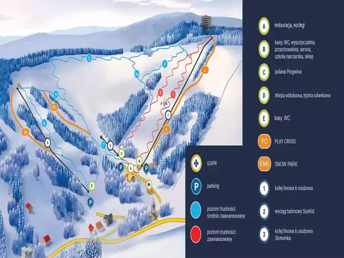 Mapa tras narciarskich Krynica Zdrój Słotwiny Arena  Ośrodek narciarski fot.  https://slotwinyarena.pl/